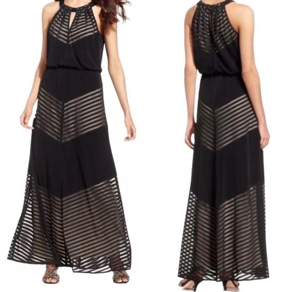 London Times Dresses & Skirts - London Times Maxi High Neck Halter Sleeveless Black Chevrons Dress size 12